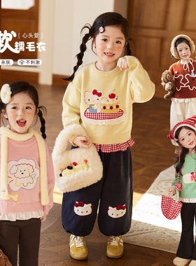 小O宝Okids童装 宝宝毛衣女花边洋气2025冬季女童图案毛线针织衫