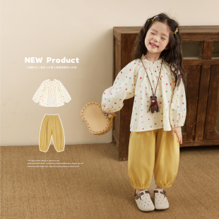 小O宝Okids童装  宝宝森系套装女黄色波点2025秋装新款女童娃娃衫