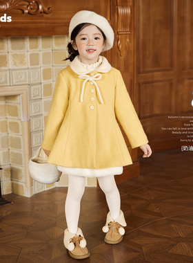 小O宝童装 宝宝千金风毛呢大衣女中长款下摆2025冬季新款女童外套