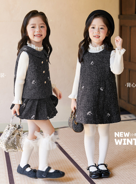 小O宝童装 宝宝小香风套装女洋气灰色2025冬装女童外套马甲套装