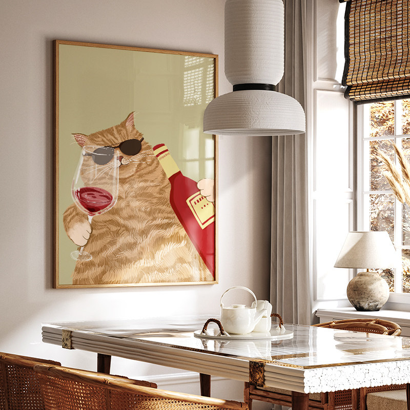 贪吃猫 ins风餐厅装饰画奶油色饭厅餐桌墙面暖心萌猫小清新挂画