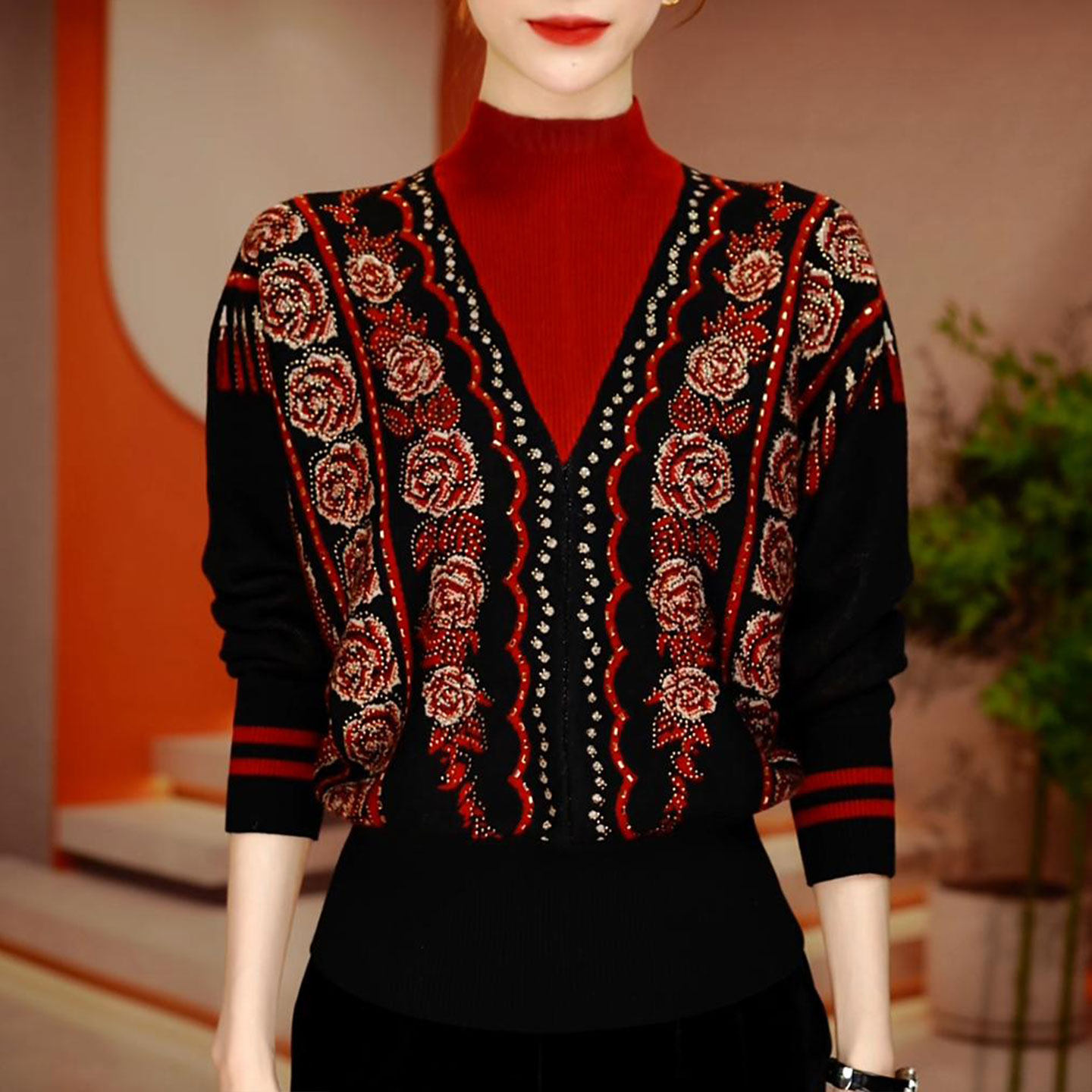 高端洋气假两件提花烫钻毛衣女2026春季新款宽松气质减龄针织上衣,女装/女士精品,毛针织衫,淘宝优惠券,粉丝福利购,淘宝优惠卷