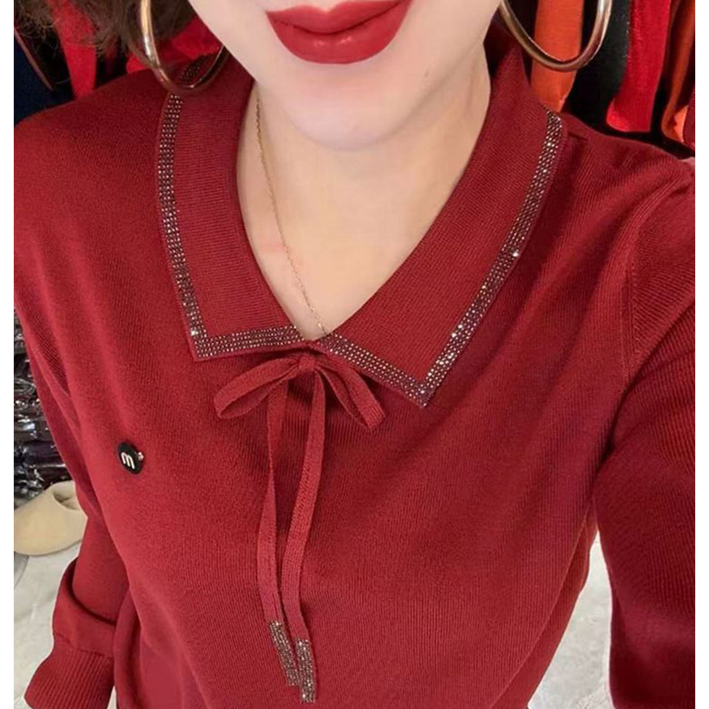 妈妈时尚翻领烫钻纯色针织衫女2026春季新款宽松显瘦长袖百搭上衣