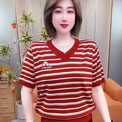 中年妈妈时尚条纹V领短袖针织衫