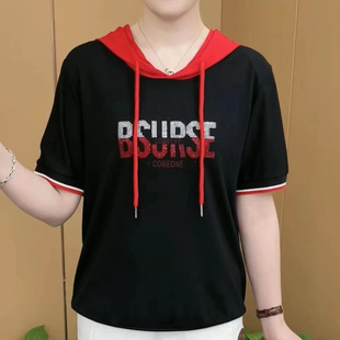 短袖 新款 t恤妈妈女宽松显瘦遮肉 高级感连帽字母烫钻2023夏装 时尚