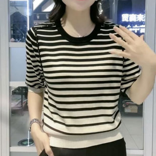 百搭条纹针织衫五分袖2024春季新款时尚宽松显瘦中年妈妈装上衣女