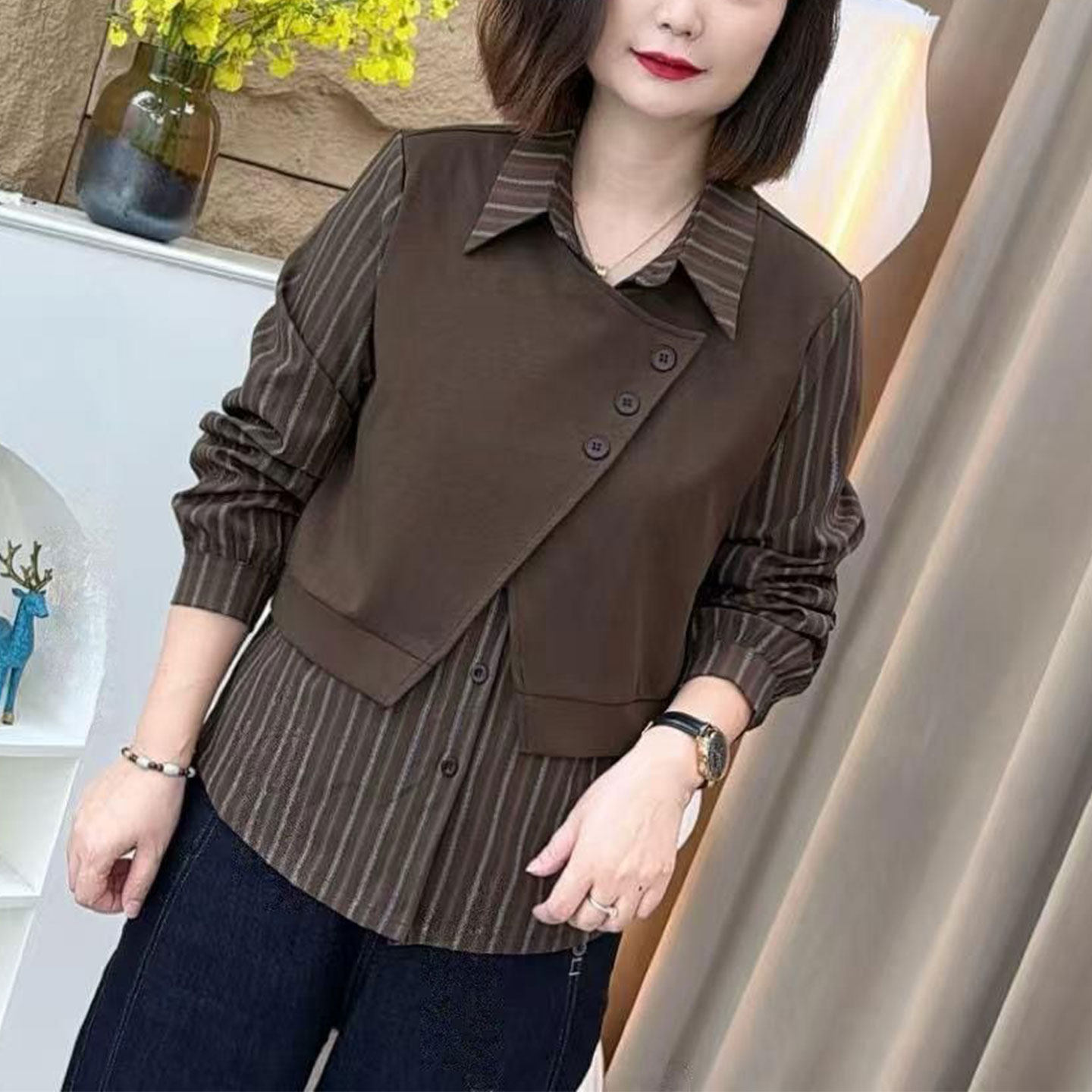 时尚拼接假两件条纹衬衫女秋季新款宽松百搭显瘦中年妈妈长袖上衣,女装/女士精品,衬衫,淘宝优惠券,粉丝福利购,淘宝优惠卷