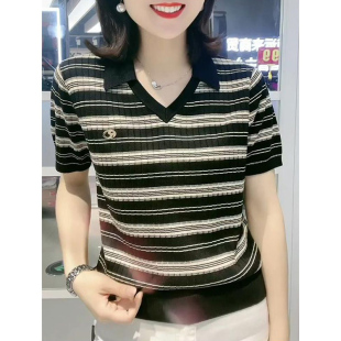 时髦条纹v领2023夏季新款短袖薄针织衫t恤宽松遮肉显瘦妈妈上衣女