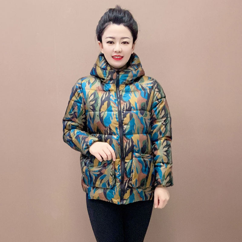 百搭宽松印花棉服宽松妈妈装加厚