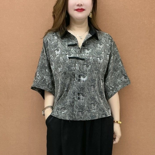 新款 时尚 2024夏季 衬衫 百搭宽松休闲复古盘扣上衣女 中老年妈妈短袖