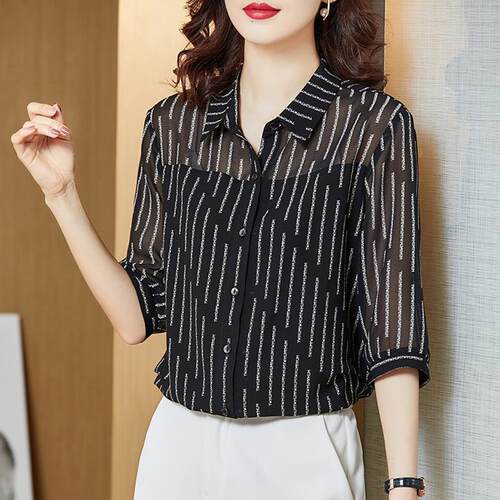 高档宽松七分袖衬衫大码妈妈装女