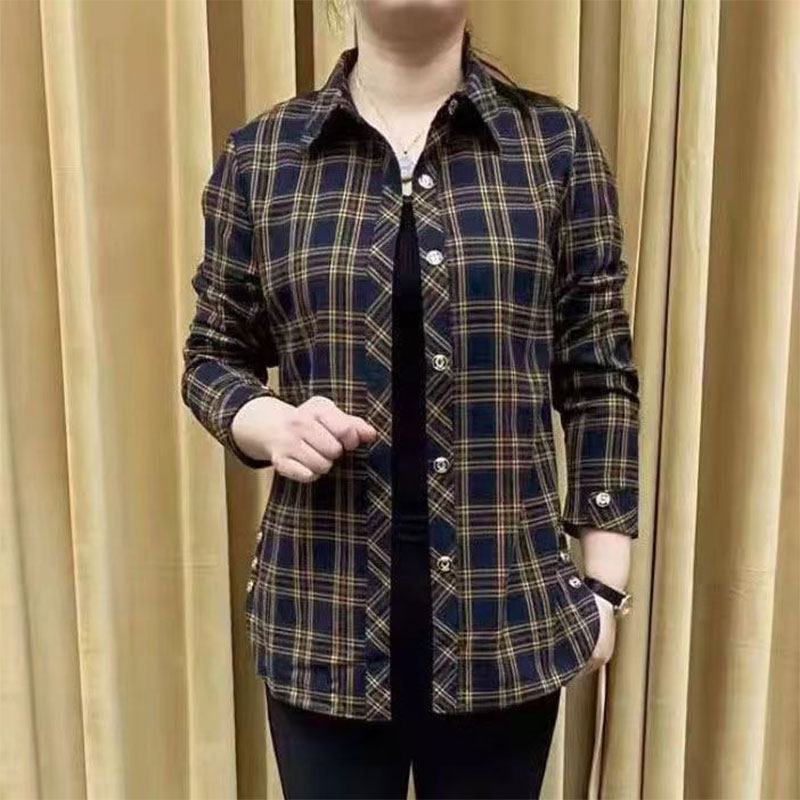 2023新款秋装中年妈妈洋气时尚减龄长袖格子衬衫宽松休闲外套女士