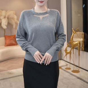 毛衣 宽松显瘦洋气长袖 高端气质烫钻圆领镂空针织衫 女2025秋冬新款