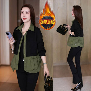 加绒加厚时尚撞色拼接外套女2024秋冬新款洋气宽松妈妈装夹克上衣