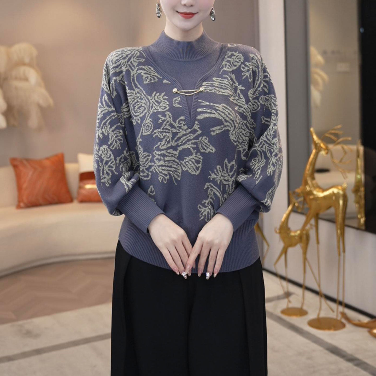 高端洋气假两件提花针织衫女士2025秋冬新款宽松遮肉减龄长袖上衣