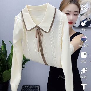 娃娃领针织衫 洋气百搭宽松显瘦打底衫 女2024秋季 时尚 新款 减龄长袖