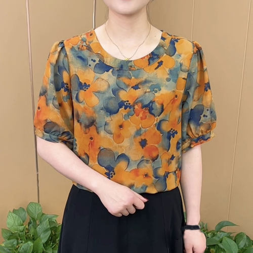 时尚中年妈妈装花色短袖小衫女士