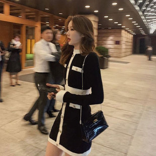 显瘦长袖 减龄包臀裙 修身 气质名媛小香风针织连衣裙女2023秋冬新款