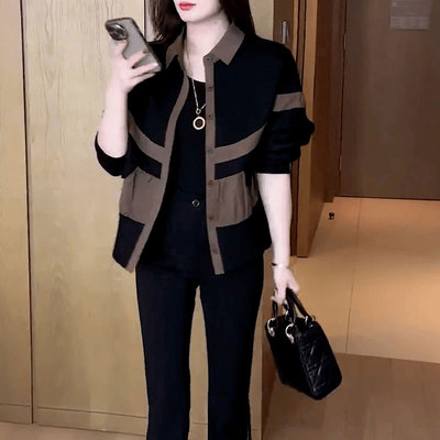 气质撞色拼接外套长袖宽松妈妈装