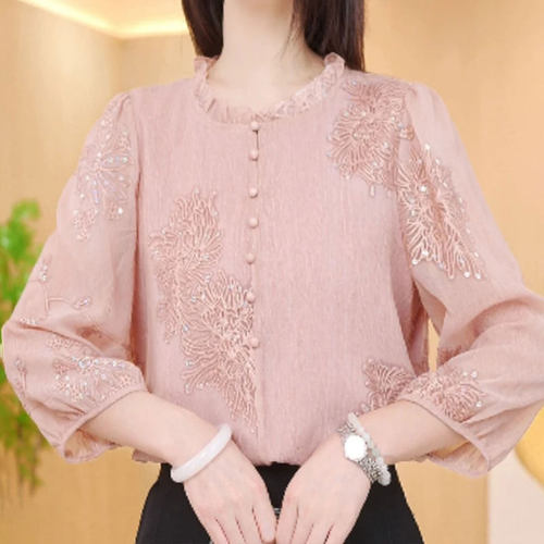 洋气减龄刺绣亮片七分袖衬衣女士