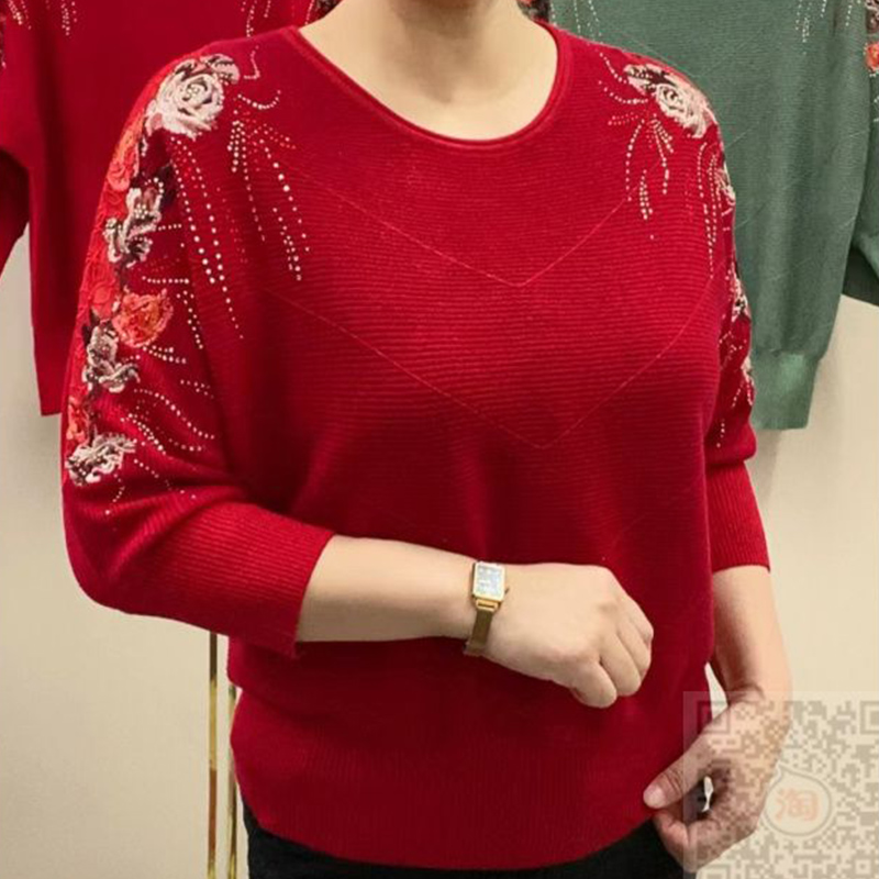 圆领纯色印花薄款针织衫夏装新款七分蝙蝠袖t恤大码女装宽松遮肉