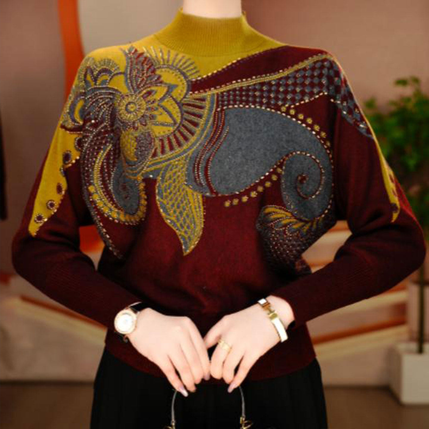 高端时尚洋气提花烫钻针织衫女2026春季新款宽松气质显瘦长袖毛衣,女装/女士精品,毛针织衫,淘宝优惠券,粉丝福利购,淘宝优惠卷