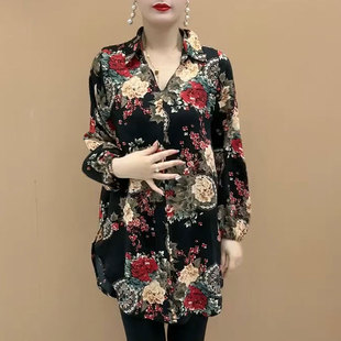 洋气时尚花色长袖衬衫女2024春季新款宽松休闲中长款大版衫妈妈装