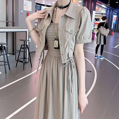 高级感抽绳短款衬衫外套两件套女