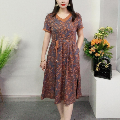 高档碎花松紧腰绑带连衣裙女士潮