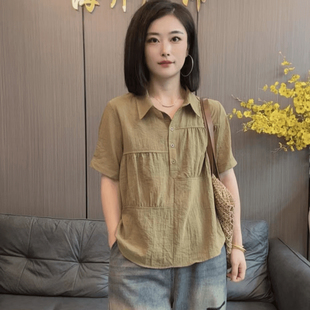 宽松遮肚减龄妈妈装 纯色拼接短袖 新款 女士2024夏季 翻领衬衣潮 衬衫