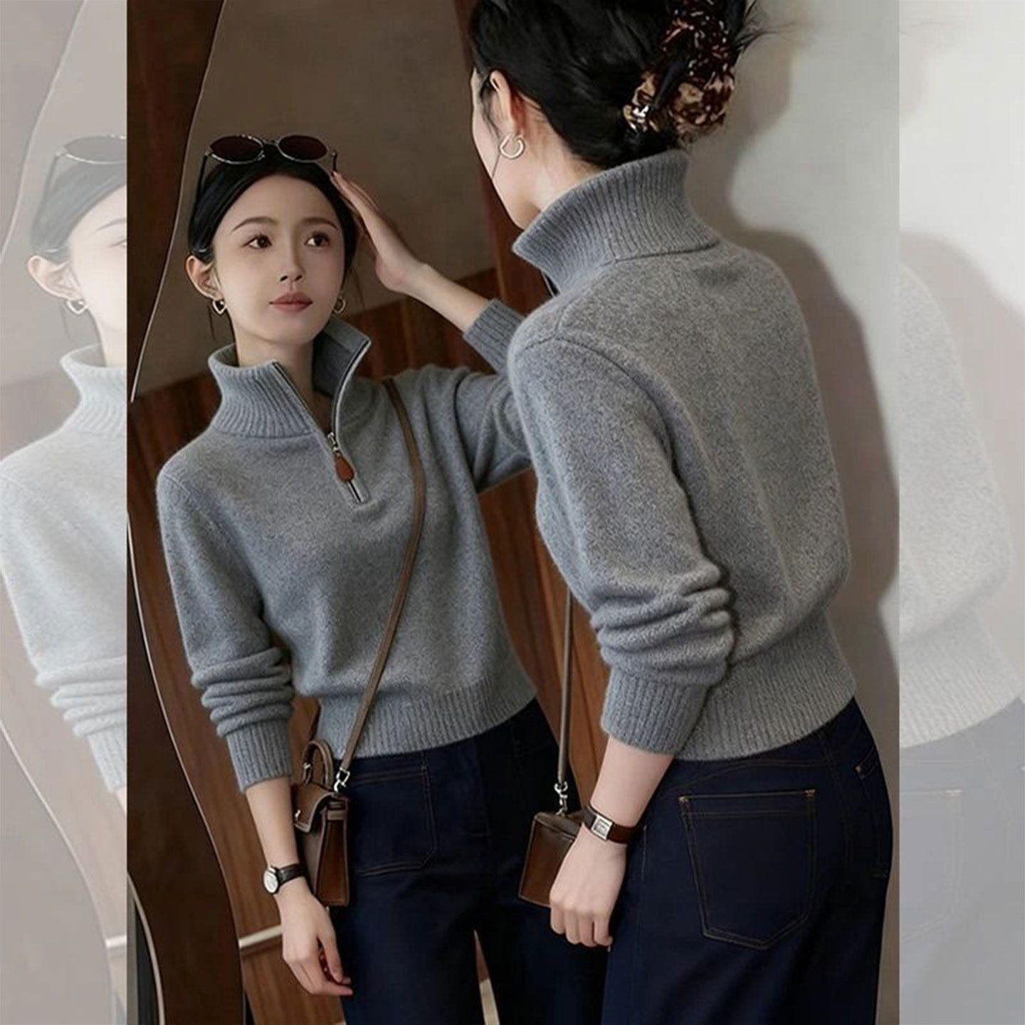 高级慵懒灰色拉链高领女士针织衫