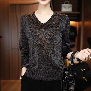长袖 新款 百搭宽松气质上衣 女2025春季 高端显瘦洋气烫钻V领针织衫