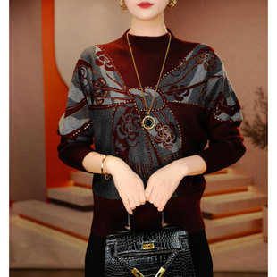 高端气质提花长袖针织衫毛衣女2025秋冬新款宽松显瘦减龄妈妈上衣