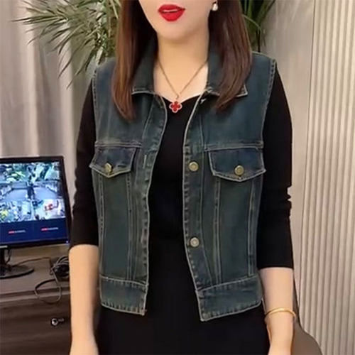 开衫百搭翻领牛仔马甲外套经典女