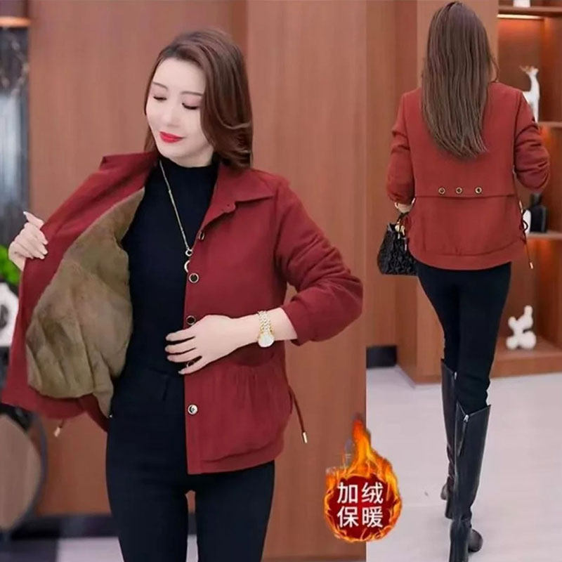 洋气纯色外套长袖加绒妈妈装减龄