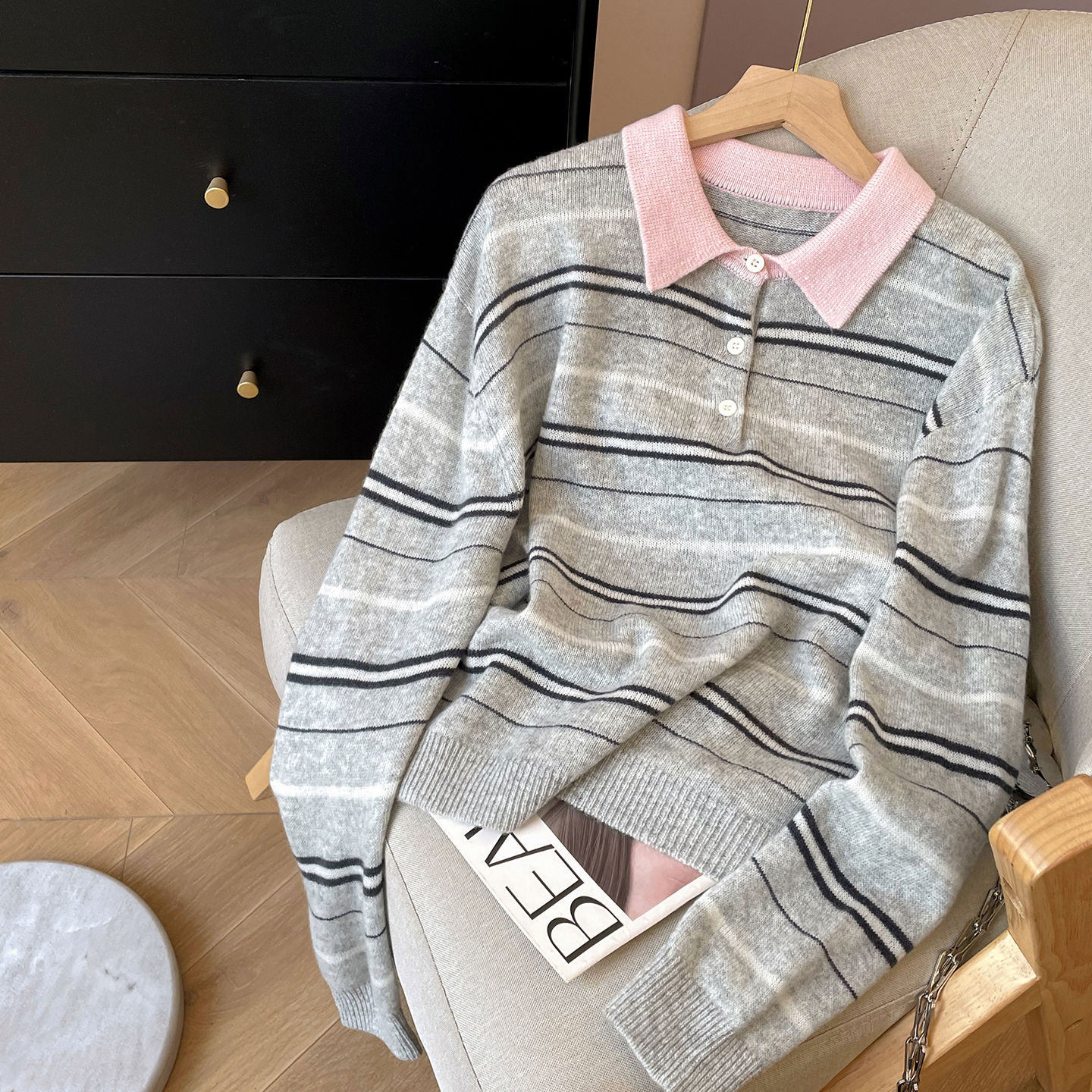 韩系撞色条纹翻领长袖针织衫女士