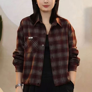 宽松休闲百搭长袖 时尚 新款 外套女2025秋季 妈妈衬衣 格子polo领衬衫