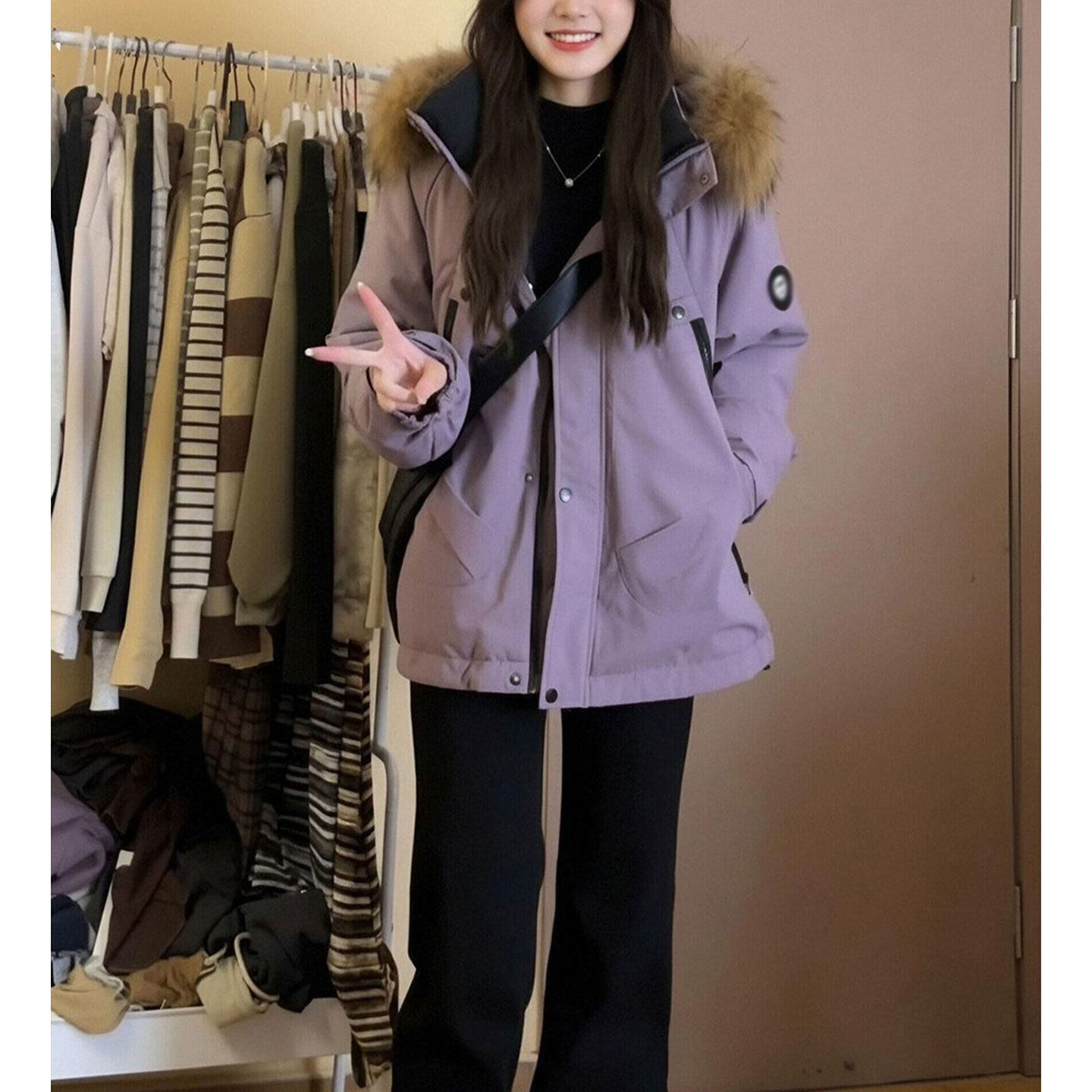 冬季工装派克服大毛领棉服减龄女