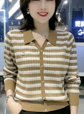 2023秋季新款时尚条纹针织衫女宽松显瘦长袖polo领套头上衣妈妈装