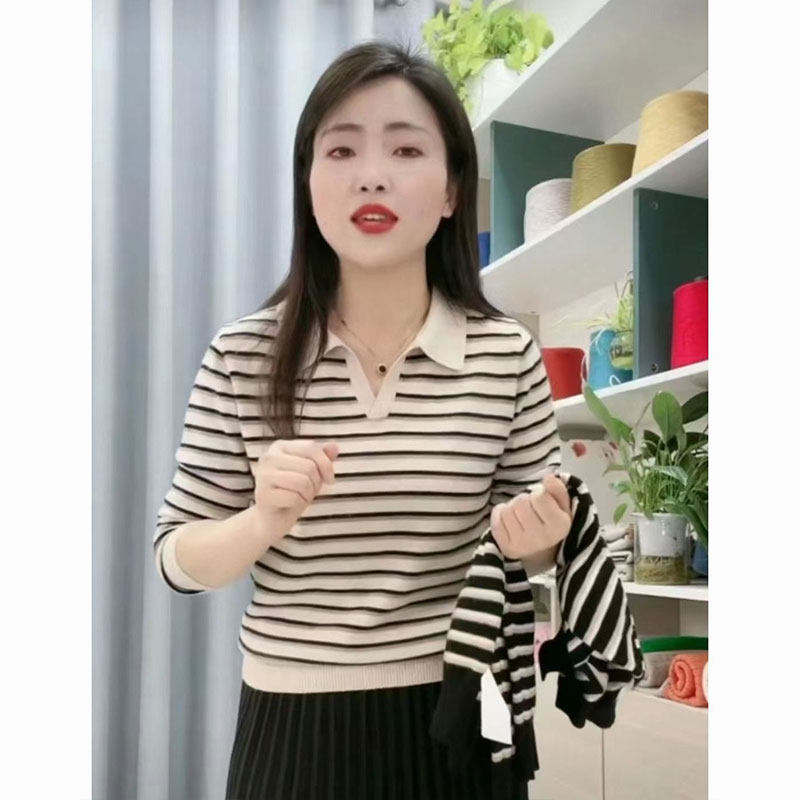 长袖条纹Polo衫休闲t恤女2025春季新款宽松显瘦百搭时尚针织上衣,女装/女士精品,毛针织衫,淘宝优惠券,粉丝福利购,淘宝优惠卷