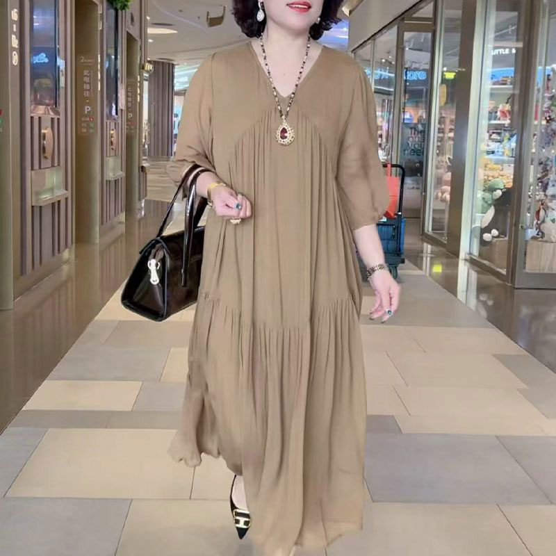 休闲纯色拼接V领七分袖连衣裙女