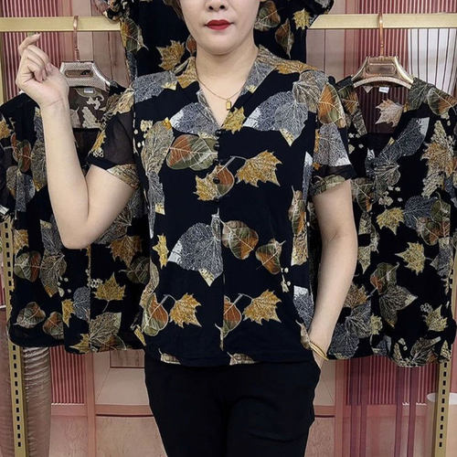 高档洋气印花宽松V领套头女