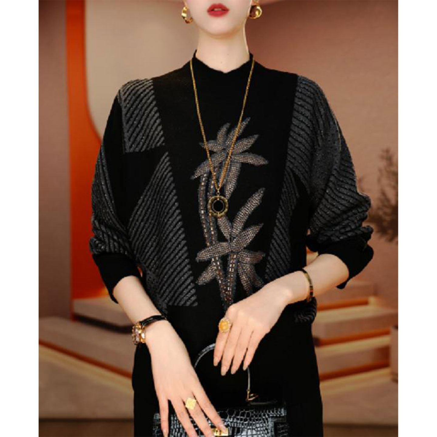 时尚气质长袖烫钻针织衫女2025秋冬新款宽松显瘦洋气妈妈装打底衫,女装/女士精品,毛针织衫,淘宝优惠券,粉丝福利购,淘宝优惠卷