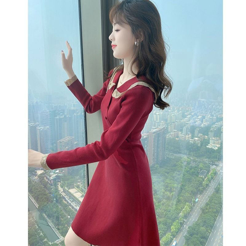 优雅针织纯色连衣裙长袖妈妈装女