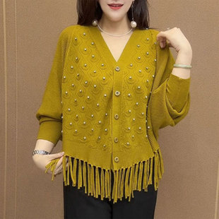 宽松休闲洋气百搭妈妈针织开衫 外套女春秋新款 披肩 流苏蝙蝠衫 时尚