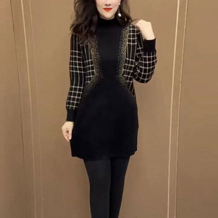 洋气中长款加绒加厚大版衫女2024春季新款宽松遮肉半高领打底衫潮