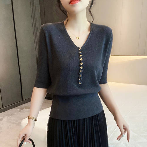 纯色五分袖针织t恤设计感大码女