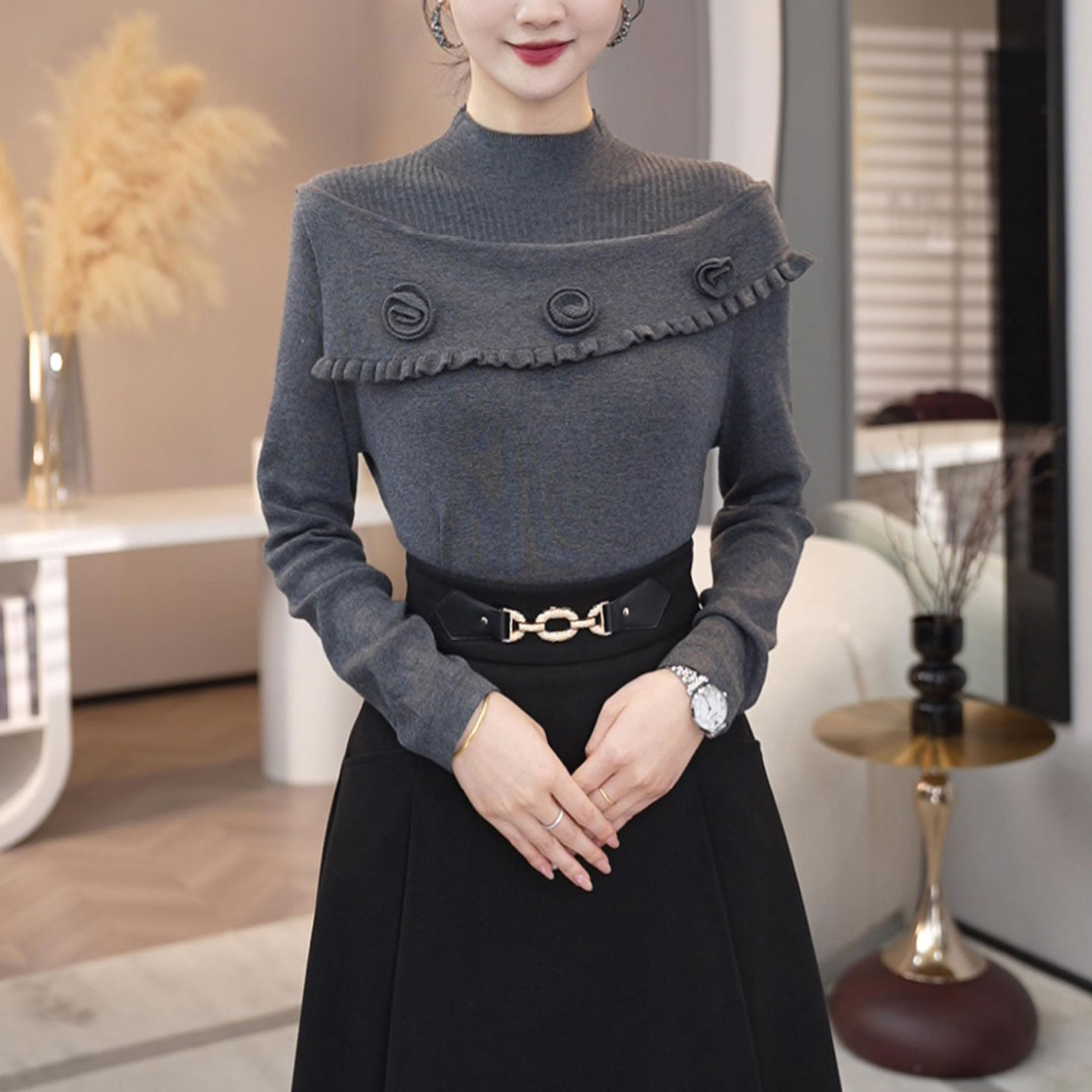 洋气百搭长袖弹力针织衫可外穿女