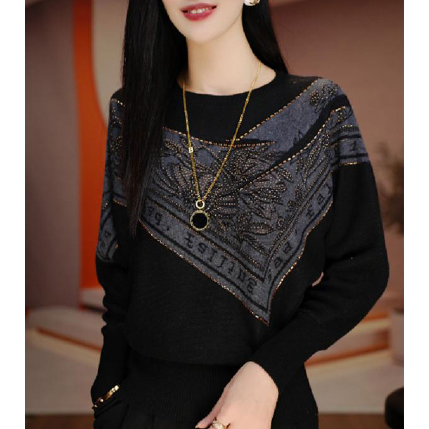 气质减龄长袖拼色烫钻针织衫妈妈