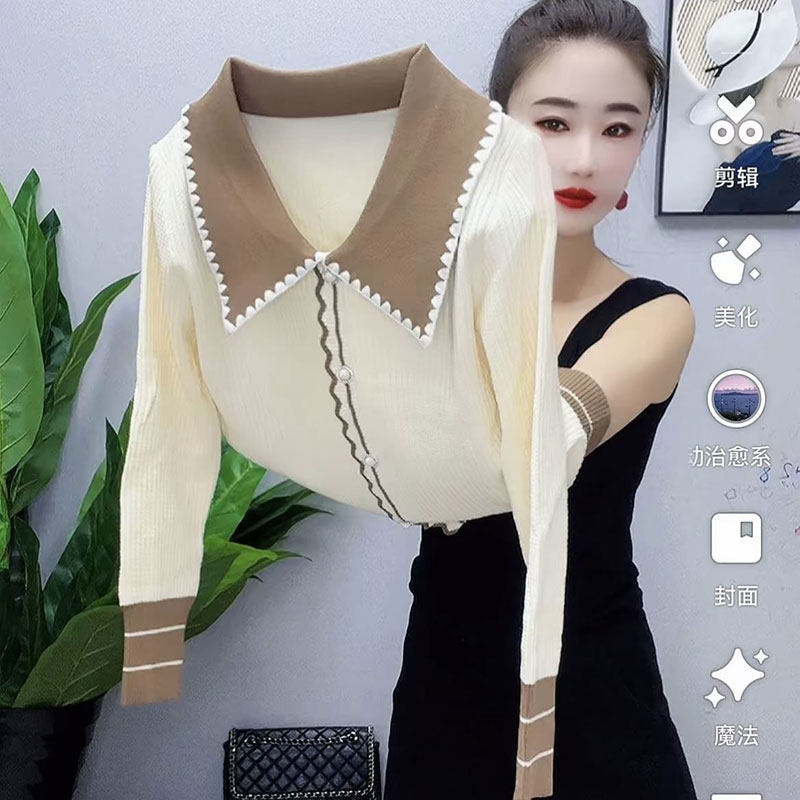 套头娃娃领拼色针织衫妈妈装减龄